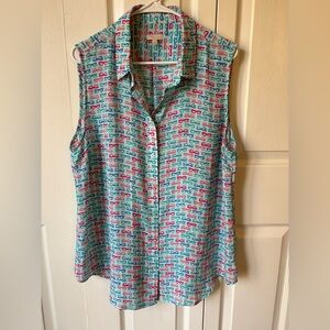 Talbots Sleeveless Button-Down Shirt - Blue and Pink Pattern